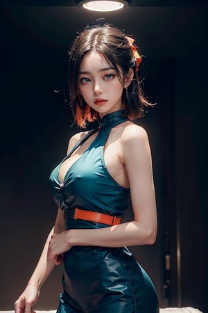 woman, han bok, colorful, darl background,blue theme,exposure blend, medium shot, bokeh, (hdr:1.4), high contrast, (cinematic, teal and orange:0.85), (muted colors, dim colors, soothing tones:1.3), low saturation,motiontrail, huge_breasts