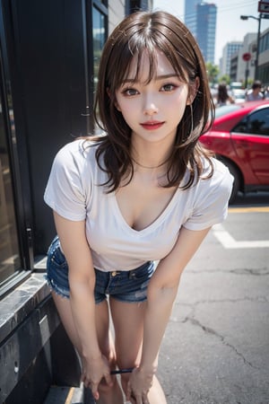 In Seoul, black stilettos , fullbody:1.2, jean shorts skirt:10 , legs apart:1.6,
 ((natta、Realistic light、top-quality、8K、​masterpiece:1.3)),1girl in,Slim Beauty:1.2, braless:2.0, nipples visible:2.4 , abdominals:1.1,Blond straight haired,(White tight t-shirt: 1.3),beauty legs,Super fine face,A detailed eye,cheerful,seductive smile,mikana_yamamoto,jeongyeon, cleavage