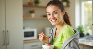 "A cheerful young woman in a cozy kitchen is enjoying a healthy snack. Looking into the camera, She is wearing a light gray zipper hoodie, with a bright green sports fitted shirt visible underneath. The background is blurred, but it suggests a modern, homely kitchen setting with light cabinets, indoor plants, and sunlight streaming through a window. The woman has a warm smile and is holding a bowl of fresh fruit, bringing a spoonful with some snacks to her mouth. Her hair is tied back in a relaxed style, adding to the casual, happy atmosphere, also use the rule-of-third and generate model in right side, and  in the left leave space to write text