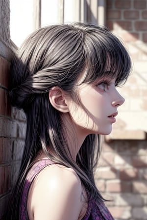 Detailedface,FFIXBG,beautiful edgArg_woman edgArg_woman,edgArg_body,JeeSoo side view of a  
Girl leaning on a bricked texture wall beside window in a dark apartment  room on a sunny day in India  , fit body , light purple floral  dress  ,  black long  hair  , white tone body on ecening sunlight ,photorealistic