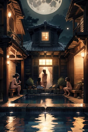 A hauntingly beautiful scene: a group of girls, their skin glistening in the soft, warm glow of candlelight, stand naked beside a serene pool of water on a spring night. The full moon casts an eerie light, illuminating the dark surroundings and emphasizing the intimacy of the moment.