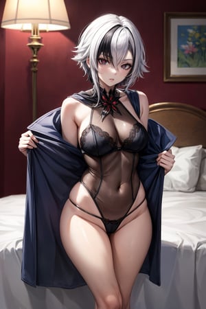 masterpiece, best quality), open legs, sexy panties visible, In the room, sitting on the bed, lamps, glass, hourglass figure, looking at the viewer standing opposite, harlequin, hair between the eyes, black hair, white hair, short hair, coat, (x-shaped eyes, symbol eyes, squint)

Best weight: 0.7-1.0, marble.