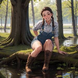 medium breasts, curvy figure, 1girl, hillbilly, brown hair, light skin, messy hair, twin braids, gap in teeth, freckles, plaid shirt, short overalls, swamp boots, smiling, cute pose, pinup, leaning against a tree, realistic, high quality, beside a swamp