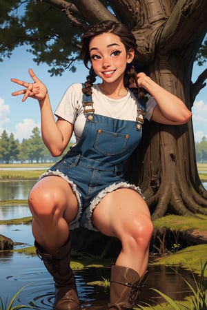 medium breasts, curvy figure, 1girl, hillbilly, brown hair, light skin, messy hair, twin braids, gap in teeth, freckles, plaid shirt, short overalls, swamp boots, smiling, cute pose, pinup, leaning against a tree, realistic, high quality, beside a swamp,SAM YANG