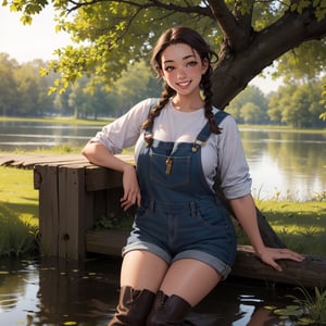 medium breasts, curvy figure, 1girl, hillbilly, brown hair, light skin, messy hair, twin braids, gap in teeth, freckles, plaid shirt, short overalls, swamp boots, smiling, cute pose, pinup, leaning against a tree, realistic, high quality, beside a swamp
