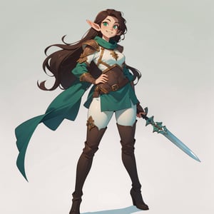 masterpiece,  best quality, fantasy style, (mature female,  curvy figure,  wide hips),  elf ears,  pale skin, tall, long brown hair,  smirk, fantasy style, green leather armor with a skirt,  leggings, over the knee boots, daggers in holster, medieval fantasy background, perfect hands and fingers, drow