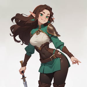 masterpiece,  best quality, fantasy style, (mature female,  curvy figure,  wide hips),  elf ears,  pale skin, tall, long brown hair,  smirk, fantasy style, green leather armor with a skirt,  leggings, over the knee boots, daggers in holster, medieval fantasy background, perfect hands and fingers, drow