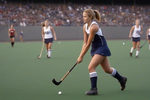 score_9,score_7_up,score_8_up, female field hocky player, holding a field_hockey stick, grass field stadium, field hockey net, players on the field,  outdoor, crowds, 