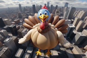 masterpiece, 8k, raw, ultra realistic, a hugh turkey shaped balloon turkey floating over city for thanksgiving, view from above, wide angel 13mm, clouds, multiple high rise building, dense city downtown, 