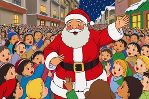 Kodomo style Santa Claus, giving presents to a crowd of children, very festive, celebrations, everyone cheering!!! 