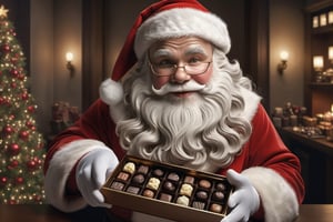  (masterpiece, photo realistic), Santa Claus with boht hands holding a glass box of finely crafted holiday chocolates to viewer, highly detail, inside a Chocolatier boutique scene, very high class, elegent, crowded, very real!