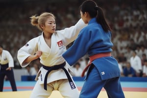 score_9, score_8_up, score_7_up
2female athletes, olymopic judo competition, indoor stadium, crowds, 
