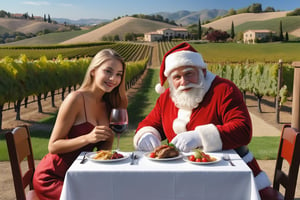(masterpiece, photo realistic), Santa Claus with a beautiful attrative girl having lunch at a vinyard restaurant, amazing food, awsome view of the winery landscape  magnificent, scenic, extremely detailed, wine tasting lunch with lots of wine pairing, ,photo r3al