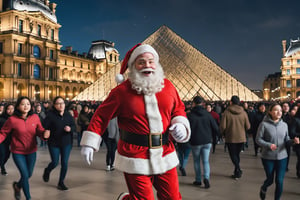 (masterpiece, photo realistic, ), Santa running and celebrating Christmas with crowds of people, The Louvre Pyramid in background, night time, awsome lighting, amazing view , photo r3al