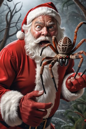 POV (masterpiece, photo realistic), Santa Claus extending his hand to viewer wtih a giant Huntsman Spider, highly detail, outback scene, very scary, very real!