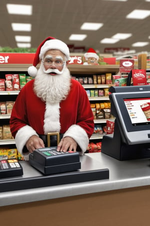  (masterpiece, photo realistic), Santa Claus at supermarket checkout, credit card on hand, cash register with a sign "declined" 