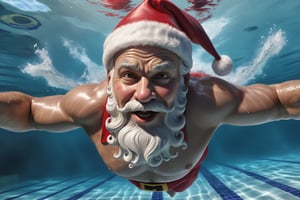 (masterpiece, photo realistic), close up view of Santa Claus swimming hard and fast, POV ,photo r3al