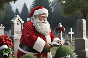  (masterpiece, photo realistic), Santa Claus at cemetery paying respect to a grave,  