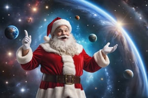 (masterpiece, photo realistic), Santa Claue in outer space sending Christmas wishes in center of the galaxy, beautiful stars, planets, nebulars, awesome view, enormously grand view ,photo r3al