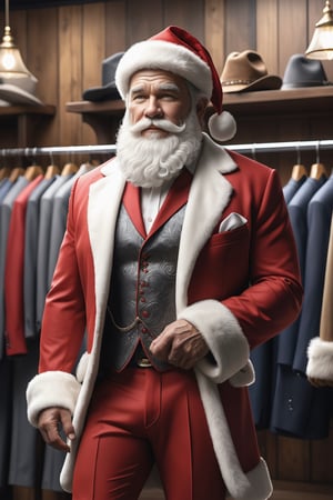 (masterpiece, photo realistic), cowboy shot, Santa Claus is inside a custom suit shop, tailor takiing measurement for new cloths, luxury shop, fine fabrics and fine men's cloths on display, large fancy store ,photo r3al