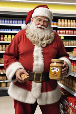  (masterpiece, photo realistic), Santa Claus holding a jar of peanut butter, in a supermarket, very homey, very real!