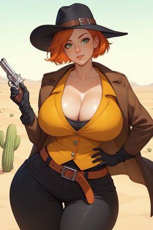 score_9,score_8_up,score_7_up,score_6_up, source_anime, 1girl, solo, orange hair, ginger, short hair, green eyes, freckles, huge body, heavy breasts, (wide hips, bottom heavy:1.4), wild west outfit, yellow vest, cleavage, clavicle, collarbone, (black long coat:1.1), black pants, black hat, one hand holding weapon, revolver pistol, black gloves, belt holster, one hand on hip, wild west setting, desert town, cactus, shiny, vivad color