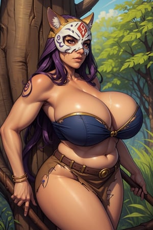 Cowboy shot, (masterpiece, high quality, illustration) Wide angle, in a giant tree, 1girl, mature female, (huge breasts), sagging breasts, purple hair, perfectly explained hands,perfect fingers, plump, wide hips, thick thighs, (taut_clothes), (brown strapless tube top), (brown short skirt), exposed stomach, (torn_clothes), body covered in tribal paint, coyote skull mask, long purple hair, standing on a tree branch, holding a spear , 