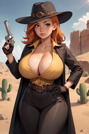 score_9, score_8_up, score_8, narrow waist, 40 years old, 1girl, solo, orange hair, ginger, freckles, huge body, (huge breasts, heavy breasts), (wide hips:1.2), Old West, wild west outfit, yellow vest, cleavage, clavicle, collarbone, (black trench coat), black pants, black hat, one hand holding weapon, revolver pistol, black gloves, belt holster, one hand on hip, wild west setting, desert town, cactus