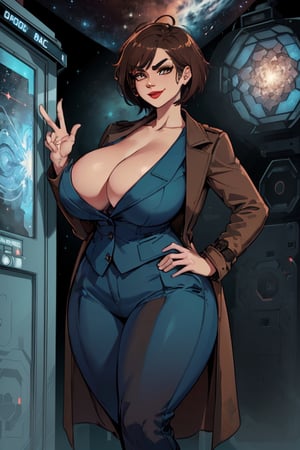 1girl, mature female dressed as The Doctor, doctor who, timelord, (masterpiece, best quality), cosmic space setting, Standing, from frontside, looking at viewer, huge body, (thick_thighs:1.2), thick_hips, perfect hands, (bursting breasts, gigantic breasts, cleavage, skindentation:1.3), perfect fingers, holding a (sci-fi wand) sexy pose, (red lipstick, evil smile, cocked_eyebrow, (dark brown short feathered haircut), perfectly explained clothes, wearing a (large open brown overcoat:1.5) over a (dark blue formal suit jacket with matching pants:1.5),(braless), (TARDIS in frame), (braless),chubby girl, perfectly explained hands,sagging breasts,