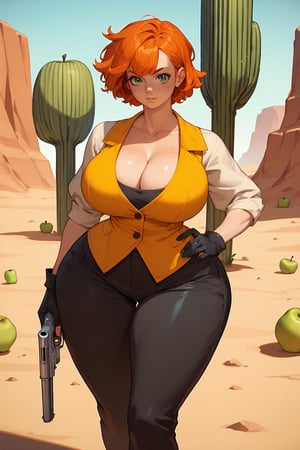 score_9,score_8_up,score_7_up,score_6_up, source_anime, 1girl, solo, orange hair, ginger, short hair, green eyes, freckles, huge body, breasts, (wide hips, bottom heavy:1.5), pear shaped, wild west outfit, yellow vest, cleavage, clavicle, collarbone, (black coat, trench coat:1.1), black pants, black hat, one hand holding weapon, revolver pistol, black gloves, one hand on hip, wild west setting, desert town, cactus, shiny, vivad color