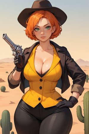 score_9,score_8_up,score_7_up,score_6_up, source_anime, 1girl, solo, orange hair, ginger, short hair, green eyes, freckles, huge body, breasts, (wide hips, bottom heavy:1.3), pear shaped, wild west outfit, yellow vest, cleavage, clavicle, collarbone, (black coat, trench coat:1.1), black pants, black hat, one hand holding weapon, revolver pistol, black gloves, one hand on hip, wild west setting, desert town, cactus, shiny, vivad color, hip focus