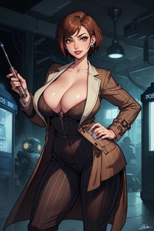 Solo_female, (masterpiece, best quality), Standing, from frontside, erotic pose, looking at viewer, huge body, (thick_thighs:1.2), thick_hips, perfect hands, absolute_cleavage, (bursting breasts, gigantic breasts, cleavage, skindentation:1.3), perfect fingers, (holding a sci-fi screwdriver in left hand:1.3), (right hand on hip), (blue pinstripe business suit:1.5), (blue pinstripe dress pants:1.5), (open brown overcoat:1.5), bursting breasts, red lipstick, mischievous smile, raised eyebrow, short brown pixie cut, outer space background, (TARDIS in the background), DOCTOR WHO, (braless),chubby girl, perfect hands