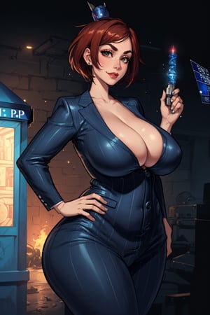 Solo_female, (masterpiece, best quality), Standing, from frontside, looking at viewer, huge body, (thick_thighs:1.2), thick_hips, perfect hands, (bursting breasts, gigantic breasts, cleavage, skindentation:1.3), perfect fingers, holding a sci-fi screwdriver in left hand, right hand on hip, (red lipstick, evil smile, cocked_eyebrow, brown short feathered pixie cut, (three piece business suit), (blue suit vest with pinstripes and lapels:1.3), (blue dress pants with pinstripes:1.3), (long brown suit jacket:1.3), no tie, braless, shirtless, in outer space, (TARDIS in the background:1.2), DOCTOR WHO, (braless),chubby girl, perfect hands,sagging breasts,