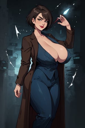 1girl, mature female dressed as The Doctor, doctor who, timelord, (masterpiece, best quality), celestial outer space sky, Standing on a rocky planet, from frontside, looking at viewer, huge body, (thick_thighs:1.2), thick_hips, perfect hands, (bursting breasts, gigantic breasts, cleavage, skindentation:1.3), perfect fingers, (gripping a (sci-fi wand) in her hand), sexy pose, (red lipstick, evil smile, cocked_eyebrow), (dark brown short feathered pixie cut), (perfectly explained clothes), wearing a (large open solid brown overcoat:1.5) over a (dark blue formal suit jacket with matching pants:1.5),(braless), (TARDIS in the background:1.1),chubby girl, perfectly explained hands,sagging breasts,