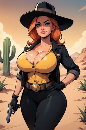 score_9, score_8_up, score_8,2d,CherryMouseStreet,1girl, mature female, solo, orange hair, ginger, freckles, huge body, (huge breasts, heavy breasts), (wide hips:1.2), Old West, wild west outfit, yellow vest, cleavage, clavicle, collarbone, (black trench coat), black pants, black hat, one hand holding weapon, revolver pistol, black gloves, belt holster, one hand on hip, wild west setting, desert town, cactus 