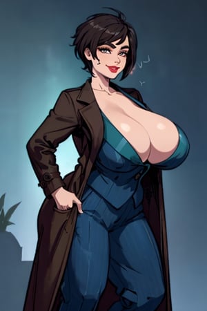 Wide angle, 1girl, mature female dressed as The Doctor, doctor who, timelord, (masterpiece, best quality), beautiful background, gigantic library, darkly lit, Standing, from frontside, looking at viewer, huge body, (thick_thighs:1.2), thick_hips, perfect hands, (bursting breasts, gigantic breasts, cleavage, skindentation:1.3), perfect fingers, (gripping a (sci-fi wand) in her hand), sexy pose, (red lipstick, evil smile, cocked_eyebrow), (dark brown short feathered pixie cut), (perfectly explained clothes), wearing a (large open solid brown overcoat:1.5) over a (dark blue formal suit jacket with matching pants:1.5),(braless), (TARDIS in the background:1.1),chubby girl, perfectly explained hands,sagging breasts,better_hands