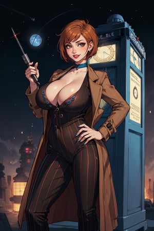 Solo_female, (masterpiece, best quality), Standing, from frontside, erotic pose, looking at viewer, huge body, (thick_thighs:1.2), thick_hips, perfect hands, absolute_cleavage, (bursting breasts, gigantic breasts, cleavage, skindentation:1.3), perfect fingers, (holding a sci-fi screwdriver in left hand:1.3), (right hand on hip), (blue pinstripe business suit:1.5), (blue pinstripe dress pants:1.5), (open brown overcoat:1.5), bursting breasts, red lipstick, crazy smile, raised eyebrow, brown short feathered pixie cut, outer space background, (TARDIS in the background), DOCTOR WHO, (braless),chubby girl, perfect hands
