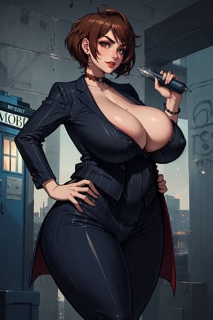 Solo_female, (masterpiece, best quality), Standing, from frontside, erotic pose, looking at viewer, huge body, (thick_thighs:1.2), thick_hips, perfect hands, absolute_cleavage, (bursting breasts, gigantic breasts, cleavage, skindentation:1.3), perfect fingers, (holding a sci-fi screwdriver in left hand:1.1), (right hand on hip:1.1), (blue suit vest with pinstripes:1.5), (blue dress pants with pinstripes:1.5), (open brown overcoat:1.5), (detailed clothes), bursting breasts, red lipstick, evil smile, cocked_eyebrow, brown short feathered pixie cut, outer space background, (TARDIS in the background), DOCTOR WHO, (braless),chubby girl, perfect hands, (red choker), (red converse shoes),sagging breasts