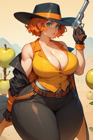 score_9,score_8_up,score_7_up,score_6_up, source_anime, 1girl, solo, orange hair, ginger, short hair, green eyes, freckles, huge body, breasts, (wide hips, bottom heavy:1.5), pear shaped, wild west outfit, yellow vest, cleavage, clavicle, collarbone, (black coat, long coat:1.1), black pants, black hat, one hand holding weapon, revolver pistol, black gloves, belt holster, one hand on hip, wild west setting, desert town, cactus, shiny, vivad color