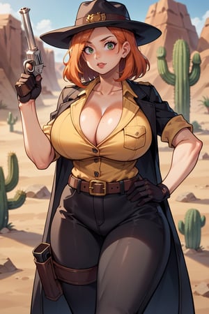 score_9, score_8_up, score_8,
1girl, mature female, solo, orange hair, ginger, freckles, huge body, (huge breasts, heavy breasts), (wide hips:1.2), wild west outfit, yellow vest, cleavage, clavicle, collarbone, (black trench coat), black pants, black hat, one hand holding weapon, revolver pistol, black gloves, belt holster, one hand on hip, wild west setting, desert town, cactus, shiny, vivad color