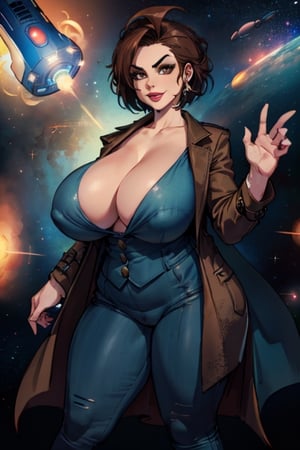1girl, mature female dressed as The Doctor, Doctor Who, Timelord, TARDIS, (masterpiece, best quality), Standing, from frontside, looking at viewer, huge body, (thick_thighs:1.2), thick_hips, perfect hands, (bursting breasts, gigantic breasts, cleavage, skindentation:1.3), perfect fingers, holding a (sonic screwdriver), sexy pose, (red lipstick, evil smile, cocked_eyebrow, (dark brown short feathered haircut), (perfectly explained clothes), wearing a (large open brown overcoat:1.5) over a (dark blue formal suit jacket with matching pants:1.5),(braless), (cosmic space background), (braless),chubby girl, perfectly explained hands,sagging breasts, perfectly explained fingers