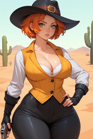 score_9,score_8_up,score_7_up,score_6_up, source_anime, 1girl, solo, orange hair, ginger, short hair, green eyes, freckles, huge body, breasts, (wide hips, bottom heavy:1.3), pear shaped, wild west outfit, yellow vest, cleavage, clavicle, collarbone, (black trench coat:1.1), black pants, black hat, one hand holding weapon, revolver pistol, black gloves, one hand on hip, wild west setting, desert town, cactus, shiny, vivad color, hip focus