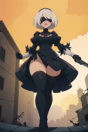 (masterpiece, high quality, clean line art), (from below:1.9), short from the knees up,(mature female:1.4), (bob haircut:1),(big lips:1.3), (big breasts), (huge butt), (wide hips:1.1), standing, (apocalyptic desert with destroyed buildings in the far distance), (official 2B outfit), black blindfold, black thighhighs, from behind, looking at viewer, (blush:1.2), (cartoon:0.9),yorha no. 2 type b, white hair,ff14bg,col,Color Booster, holding a giant sword