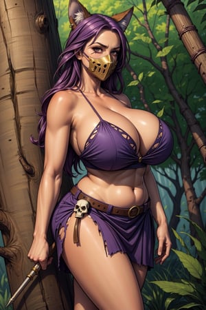 Cowboy shot, (masterpiece, high quality, illustration) Wide angle, in a giant tree, 1girl, mature female, (huge breasts), sagging breasts, purple hair, perfectly explained hands,perfect fingers, plump, wide hips, thick thighs, (taut_clothes), brown tube top, brown short skirt, torn_clothes, war paint, coyote skull mask, long purple hair, standing on a tree branch, holding a spear 