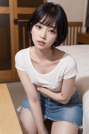 UHD, retina, Masterpiece, ccurate, Anatomically accurate., textured skin, super detaill, high detailed, High Quality, Award-Standing, Best Quality, high resolucion, 4k, Women over 20 years of age, adult woman, pixie cut, bangs, Beautiful Woman in Japan、beautiful asian woman、Beautiful Korean Woman、Sexual facial expressions, sexy poses, beautifull face, Black eyes, white skinned, small mouth, High cheekbones (definition), Dynamic pose, 1 beautiful Japanese girl, supermodel, , realhands, , mole under eye,

,denim skirt, t-shirt,jy_piece,

,hugging own legs,white panties,cameltoe,
, NSFW,
,GoingInsane