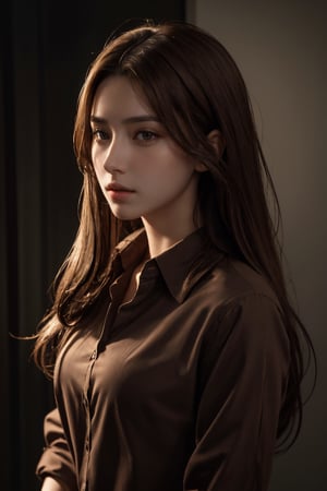 photorealistic, masterpiece, best quality, raw photo, 1girl, medium breasts, long hair, brown hair, collared shirt, looking at viewer, dynamic lighting, in the dark, deep shadow, low key, intricate detail, detailed skin, pore, highres, hdr