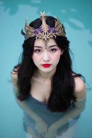 The image is a portrait of a young woman in a pool of water. She is wearing a purple and gold headpiece with a dragon design on it. The headpiece is made of gold and has intricate details that resemble scales and wings. The woman has long dark hair that is styled in loose waves and is wearing red lipstick. She has a serious expression on her face and is looking directly at the camera. The water around her is a light blue color and appears to be calm and still. The background is making the woman the focal point of the image., cfairy