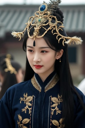 This is a high-resolution photograph featuring a young East Asian woman with fair skin and delicate features. She is dressed in an elaborate, traditional Chinese costume that includes a dark blue velvet robe with intricate gold embroidery. The robe is adorned with golden floral patterns and has a high collar. She wears a matching dark blue velvet cape with a similar gold embroidery design. Her long, straight black hair cascades down her back, reaching past her waist.

Her face is framed by an ornate headdress, which is adorned with golden leaves and feathers, adding a regal touch. The headdress also features a central blue jewel, which catches the light and adds a shimmering effect. Her makeup is minimal, with a focus on bold red lipstick and subtle eye makeup.

In the background, the blurred setting appears to be a traditional Chinese building with a tiled roof, giving a sense of historical context. The lighting is soft and natural, highlighting the texture of her clothing and the intricate details of her headdress. The overall mood of the photograph is one of elegance and timeless beauty, capturing a moment of stillness and grace.