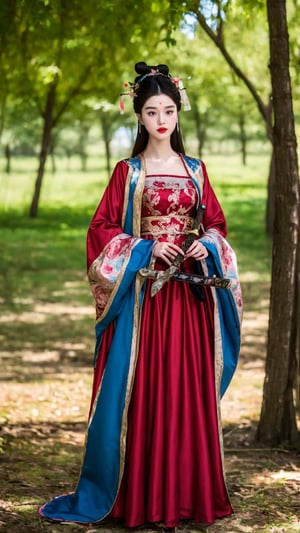 fairy hanfu, 1girl, solo, long hair, black hair, hair ornament, long sleeves, dress, holding, standing, full body, weapon, sword, hair bun, facial mark, chinese clothes, red dress, robe, forehead mark, realistic, red lips, hanfu, tienhiep