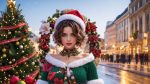 1girl, (masterpiece, top quality, best quality, official art, beautiful and aesthetic:1.2), short hair , extreme detailed, (flowers), (fractal art), colorful, upperbody, christmas hat, christmas tree